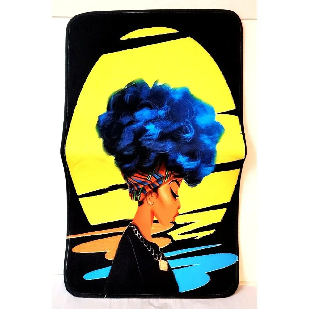Black Woman Blue Hair African Headwrap Graphic Bathroom Decor 3pc Set NEW Unused